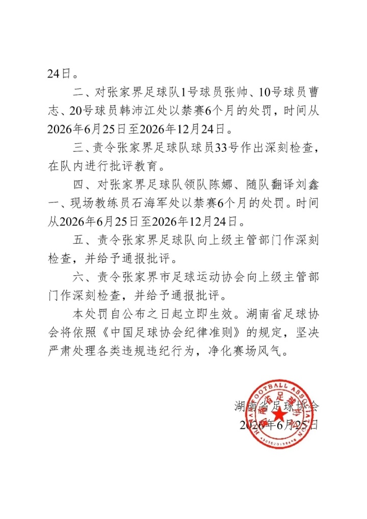 内部教学赛斗殴：张家界队11号球员禁赛一年，三人禁赛半年